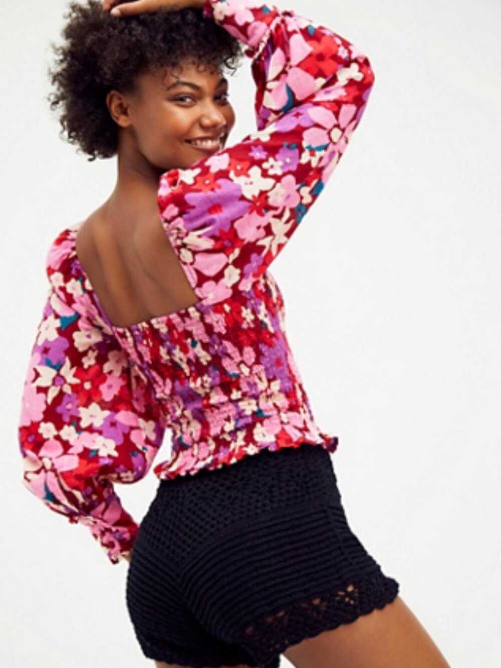 Free People Ariana Bold Pink Floral Printed Top sz XS Puff Longsleeves Smocked